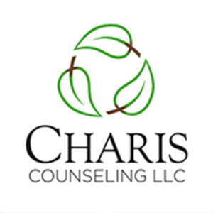 A counseling service logo with three green leaves in a circle with Charis Counseling in black font underneath.