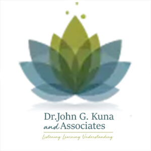 Logo for John G. Kuna and Associates with blue and green lotus petal.