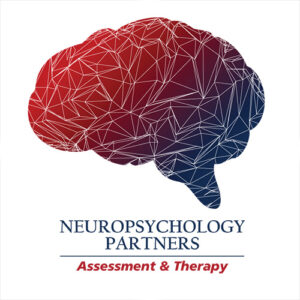 A logo of a brain in red and blue colors for Neuropsychology Partners Assessment & Therapy.