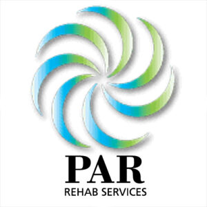 A logo of a green and blue swirl element for Par Rehab Services in black, illustrating rehabilitation or therapy services.