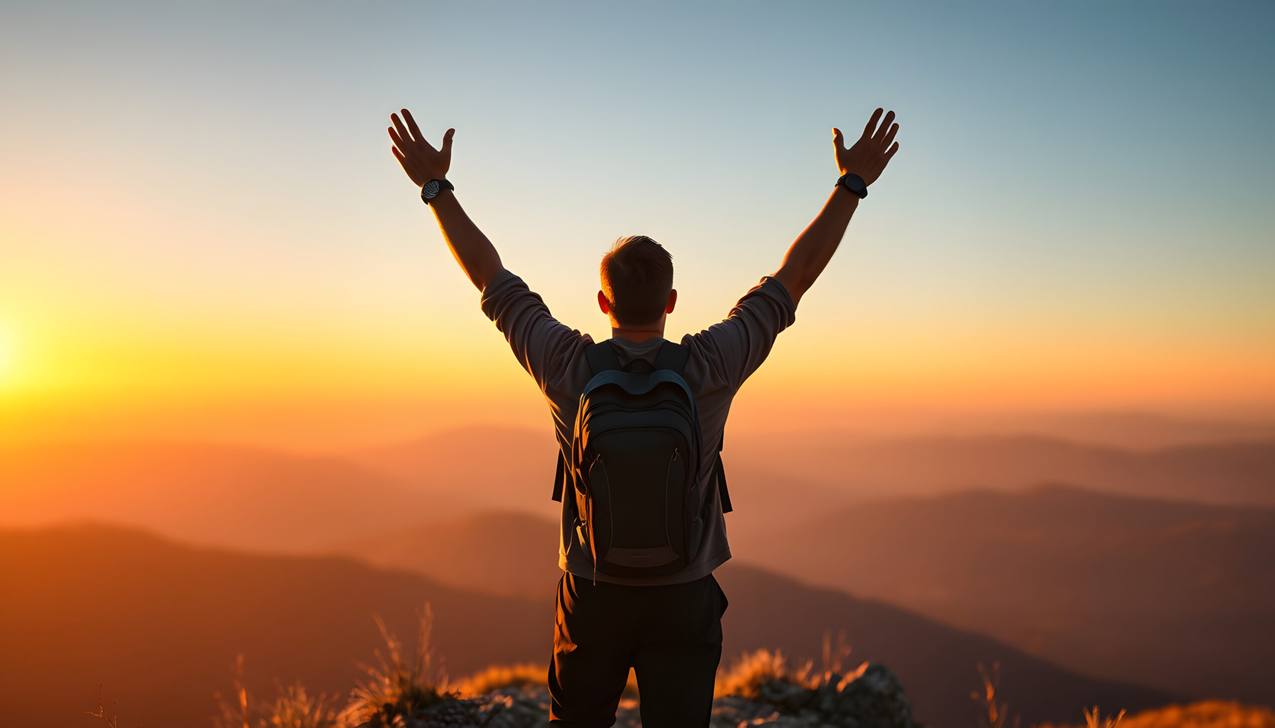 Man with arms up celebrating on top of the mountains – Hiker enjoying freedom on a hill at sunset – Freedom, sport, success and mental health concept isolated with white highlights, png Man with arms up celebrating on top of the mountains, symbolizing triumph or accomplishment.