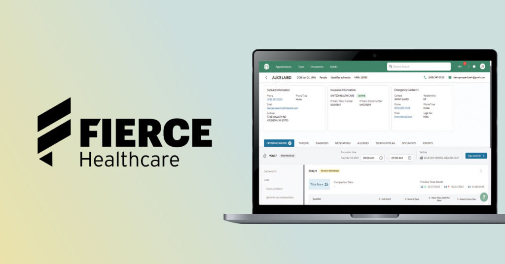 Fierce Healthcare logo next to mockup of the ProsperityEHR platform