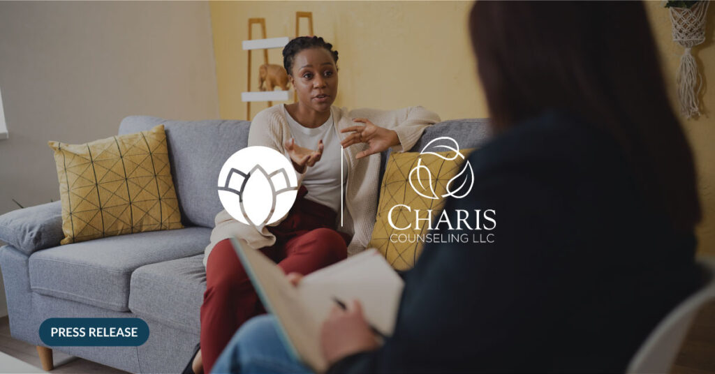 Woman sitting on couch during therapy session with the Charis Counseling x ProsperityEHR logo lockup overlaid