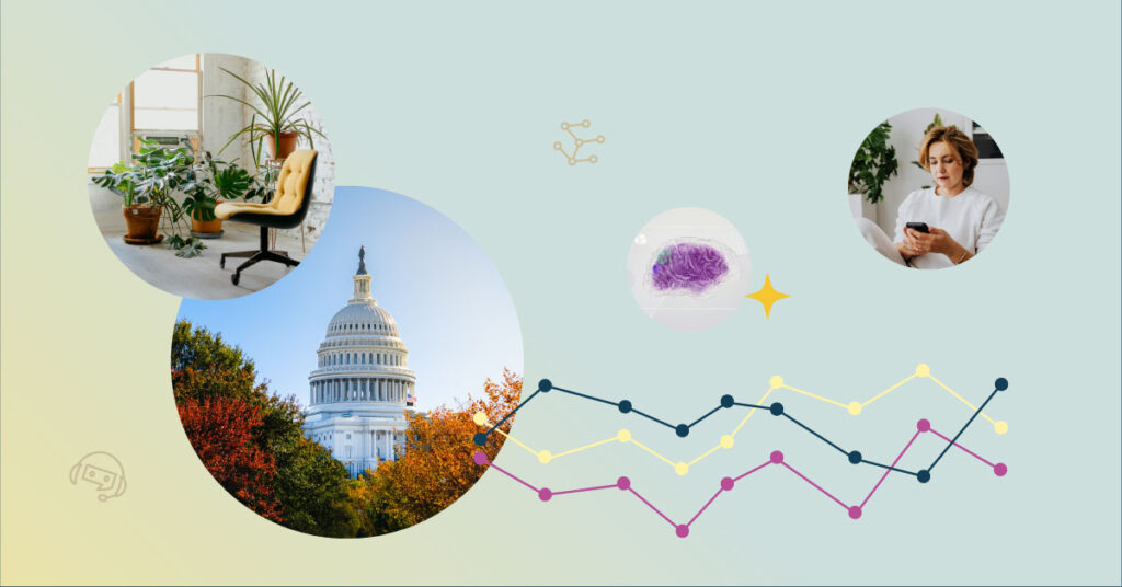 Illustration showing behavioral trends related to federal funding, AI technology, behavioral health professional shortages and burnout, as well as patient engagement