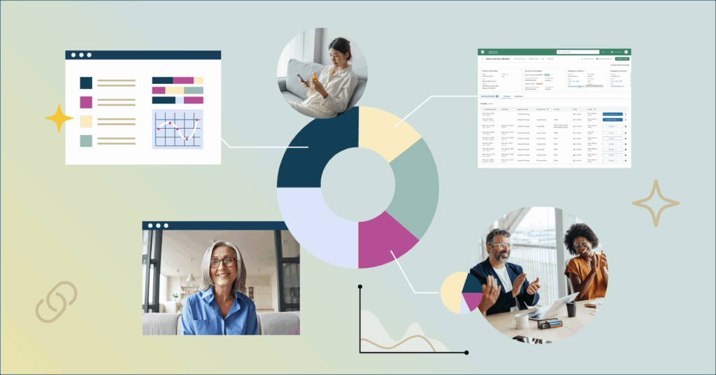 Chart illustrations overlaid with images of mental and behavioral health providers, patients, medications, and a screenshot of the ProsperityEHR dashboard
