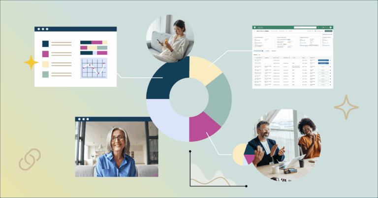 Chart illustrations overlaid with images of mental and behavioral health providers, patients, medications, and a screenshot of the ProsperityEHR dashboard