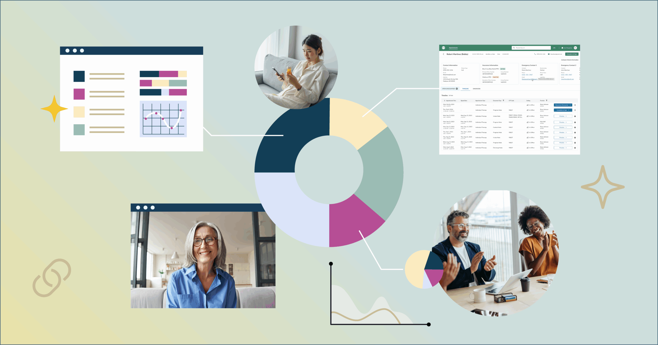 Chart illustrations overlaid with images of mental and behavioral health providers, patients, medications, and a screenshot of the ProsperityEHR dashboard