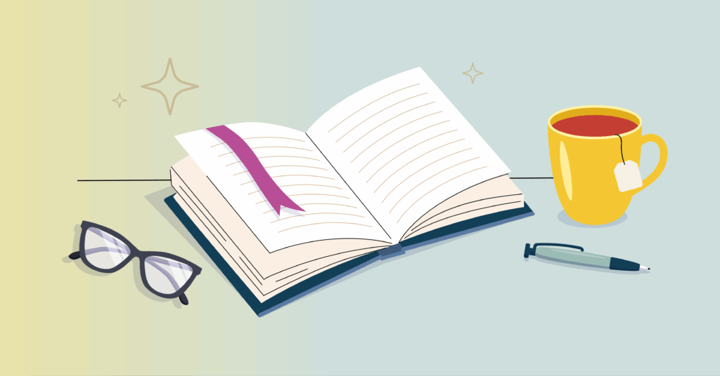 Illustration of a notebook, glasses, tea mug, and pen to convey reflections on behavioral health tech go-lives with customers