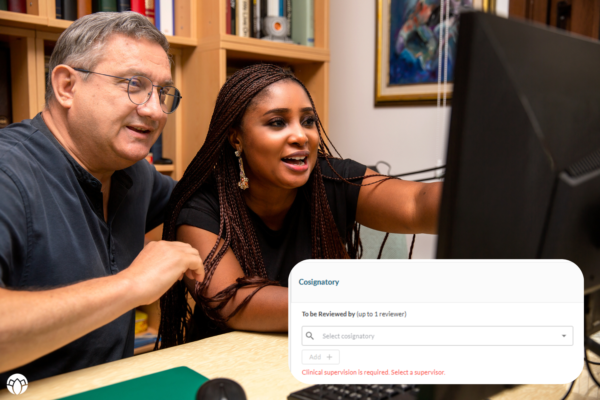 Two behavioral health clinicians look at a computer screen together, overlaid with a ProsperityEHR Cosignatory panel showing a reviewer selection field and the note 'Clinical supervision is required. Select a supervisor